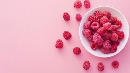 Poster - Fresh raspberries in white bowl on pastel pink background Flat lay top view copy space : Generative AI