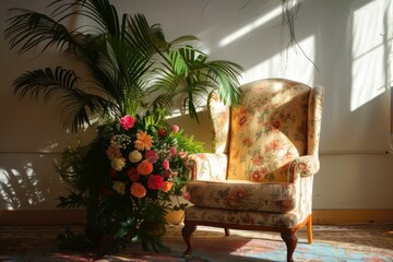 Poster - Warm sunlight filters through a window illuminating a vintage armchair and lush potted plant