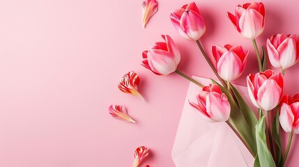 Wall Mural - Valentines Day composition Tulip flowers envelope on pastel pink background Valentines day mothers day womens day concept Flat lay top view copy space : Generative AI