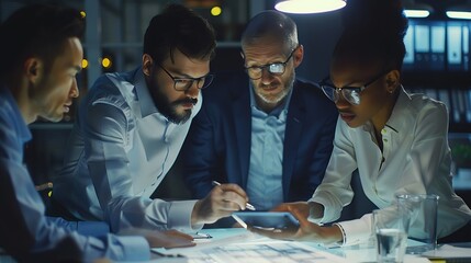 Aufkleber - Engineers discuss a blueprint while checking information on a tablet computer in a office : Generative AI