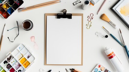 Wall Mural - Watercolor clipboard and other artistic accessories on a white background Artists desk workplace Top view copy space flatlay : Generative AI
