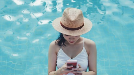 Leinwandbilder - Asian woman sitting by the pool while using mobile phone Young traveler female working on cellphone during her summer vacation trip Technology and lifestyle concept Copy space top view : Generative AI