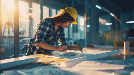 Aufkleber - business architecture building and construction concept  architect woman with compass measuring blueprint of living house at office : Generative AI