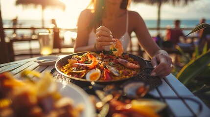 Woman eating paella traditional spanish dish while sitting at the restaurant terrace near the ocean Concept of sea food and good summer vacations : Generative AI