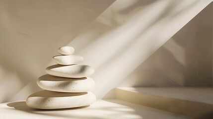 Aufkleber - Empty stack of stones platform podium on beige light and shadow reflection wall background Minimal display product presentation scene : Generative AI