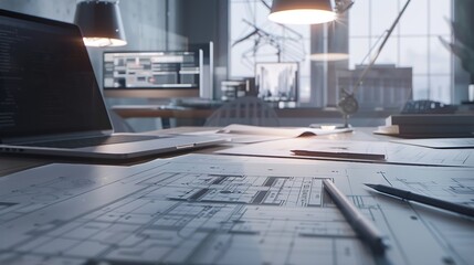 Aufkleber - Architect engineer office desk Residential building project blueprints and computer laptop copy space Digital drawings and design : Generative AI