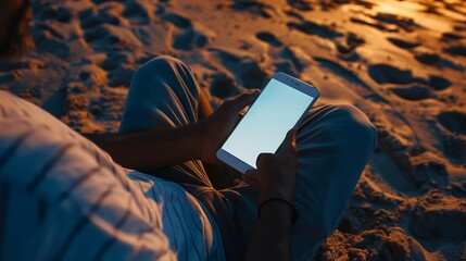Leinwandbilder - Mockup image of a man holding mobile phone with blank desktop screen while sitting on the beach : Generative AI