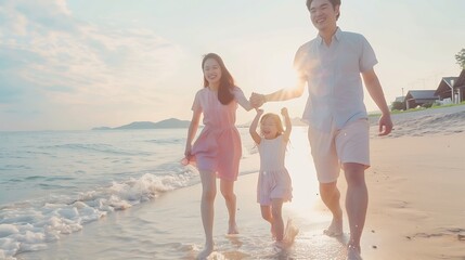 Wall Mural - Happy asian family enjoy the sea beach at consisting father mother and daughter having fun playing beach in summer vacation on the ocean beach Happy family with vacations time lifestyl : Generative AI