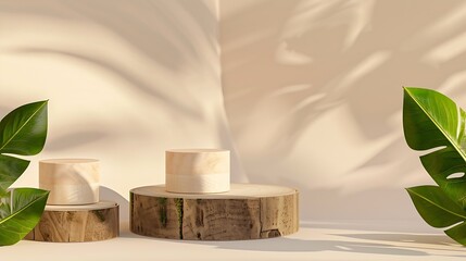 Poster - Minimal modern product display on neutral beige background Wood slice podium and green leaves Concept scene stage showcase for new product promotion sale banner presentation cosmetic : Generative AI