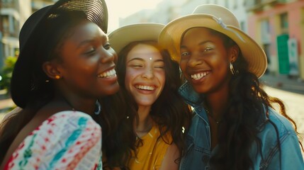 Three young multiracial women having fun on city street outdoors  Mixed race female friends enjoying a holiday day out together  Happy lifestyle youth and young females concept : Generative AI