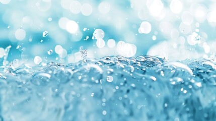 Poster - Defocused blurred transparent blue colored clear calm water surface texture with splashes and bubbles Trendy abstract nature background Water waves in sunlight with copy space : Generative AI