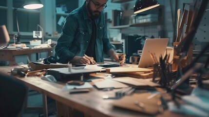 Poster - A team of web designers are working together to develop a mobile responsive website with UIUX front end design concepts A team of UxUi developers are working together at a wooden workb : Generative AI