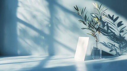 Aufkleber - Combination of glass vase and olive branches Sunlight table background White card leaning against blue wall Invitation mockup long shadow : Generative AI