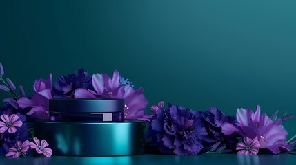 Leinwandbilder - Podium and brigth purple flowers on dark teal background Scene to show cosmetic products Mock up Trendy color 2023 : Generative AI