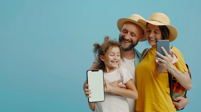 Happy family booking summer vacation trip using 3d model of phone with empty white screen isolated on blue background New app holiday travel ad concept Online shopping travel ad sales : Generative AI