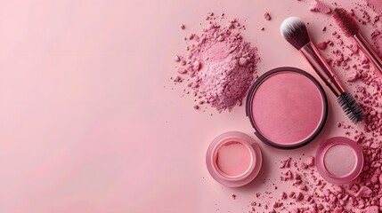 Wall Mural - Makeup products on a pink background with space for copy. A beautiful makeup set with powder and brush for a woman's beauty, as a cosmetic product concept. 
