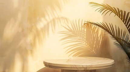 Poster - Tropical palm tree shadow on cream wall and luxury marble table for product placement Natural layout design background Abstract summer light cosmetic stand mockup : Generative AI