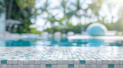 Wall Mural - Empty white ceramic mosaic table top and blurred swimming pool in tropical resort in summer banner background  can used for display or montage your products : Generative AI