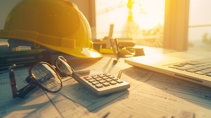 Aufkleber - Engineering working with drawings inspection on laptop  in the office and Calculator triangle ruler safety glasses compass on Blueprint Engineer Architect Industry and factory concept : Generative AI