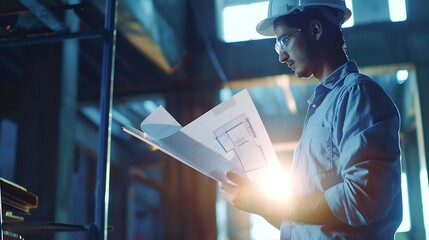 Aufkleber - Portrait of an architect builder studying layout plan of the rooms serious civil engineer working with documents on construction site : Generative AI