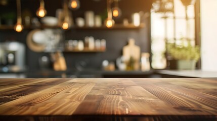 Wall Mural - Wood table top on blur kitchen counter roombackgroundFor montage product display or design key visual layout : Generative AI