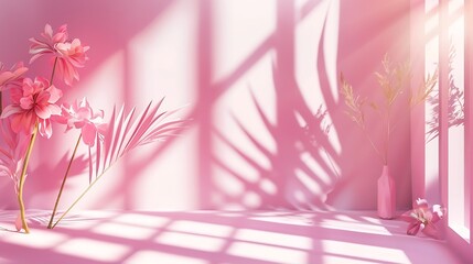 Abstract pink color gradient studio background for product presentation Empty room with shadows of window and flowers and palm leaves  3d room with copy space Summer concert Blurred ba : Generative AI