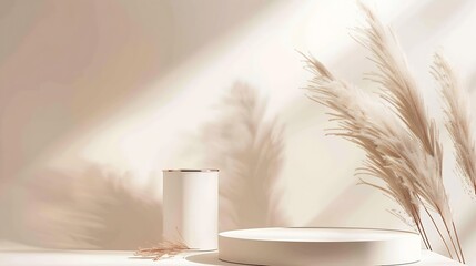 Poster - Podium for cosmetic product presentation Abstract minimal geometrical form Cylinder podium with dry pampas grass soft shadow Scene to show products Showcase display case Flat lay top v : Generative AI