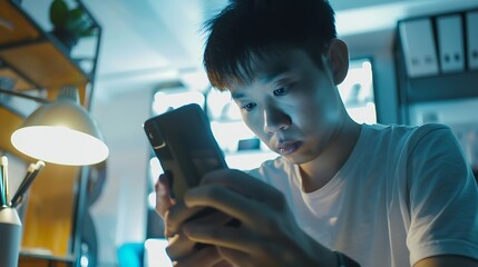 Fototapete - Website designer Creative planning phone app development template layout framework wireframe design User experience concept Young asian man UX designer working on smartphone applicatio : Generative AI