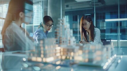 Fototapete - Female engineers meeting in office and looking at layout of apartment closeup : Generative AI