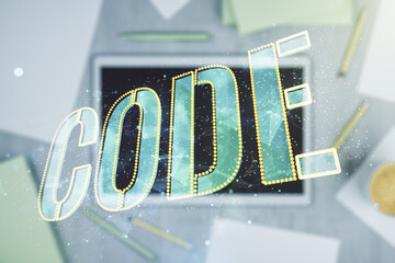 Poster - Creative Code word sign and modern digital tablet on desktop on background, top view, international software development concept. Multiexposure