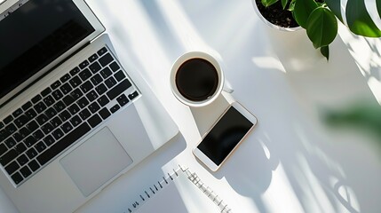 Leinwandbilder - Modern white office desk table with laptop computer smartphone with black screen over a notebook and cup of coffee Top view with copy space flat lay : Generative AI