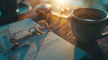 Aufkleber - Top view notebooks coffee cup and glasses on wooden table : Generative AI