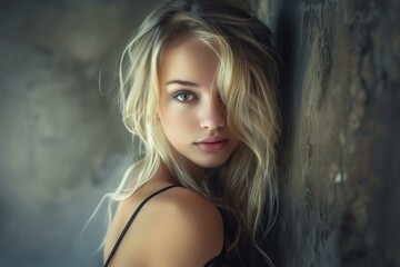 Poster - Closeup of a young woman with blonde hair and captivating eyes, exuding calm elegance