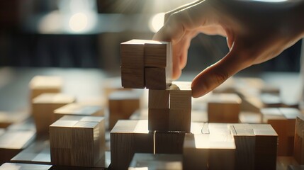 Fototapete - Hand putting and array wooden cube stacking for job and technology progress update concept : Generative AI