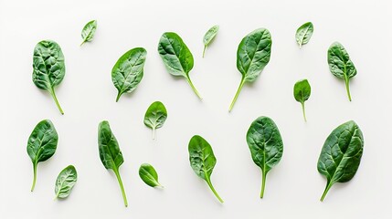 Fresh green baby spinach leaves top view isolated on white background Healthy eating and vegetarian food concept Creative layout Garden vegetables Vitamin B Flat lay Design element : Generative AI