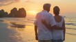 © Generative AI - Romantic middle aged couple enjoying beautiful sunset walk on the beach travel vacation Krabi Thailand : Generative AI