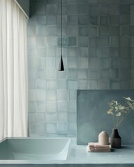 Wall Mural - Modern Bathroom Interior with Blue Tile Wall, White Sink, and Black Pendant Light Hanging from Ceiling