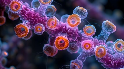 Fototapete - Vibrant Molecular Masterpiece Electron Microscopy Captures Intricate Cellular Structures in Vivid Hues