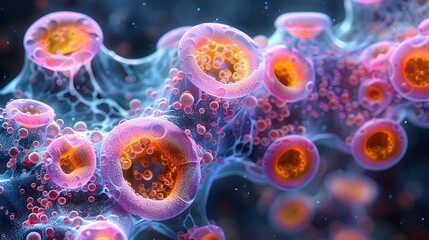 Poster - Intricate Microscopic Patterns of Vibrant Cellular Structures in a Scientific Laboratory Setting