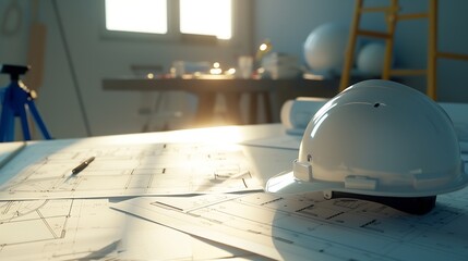 Aufkleber - Architectural designed building blueprint layout and engineer tool for designing blueprint with contractor project document on engineer workspace table in office with safety helmet or  : Generative AI