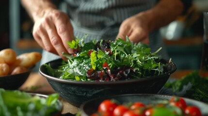 A man is actively engaged in preparing a salad in a bowl, mixing various fresh ingredients together