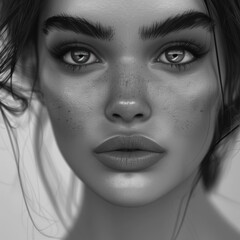 Wall Mural - Black and white portrait of a woman with natural freckles and beauty marks on her face