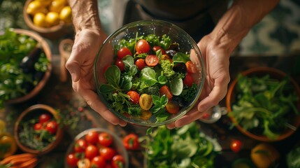 A man is holding a bowl filled with a variety of fresh vegetables mixed together to create a healthy salad