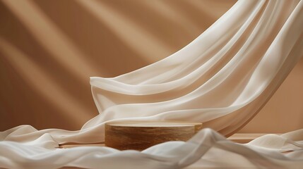 Fototapete - Wooden podium and satin fabric floating on brown background Luxury product placement mockup with flying cloth Premium fashion and beauty stage platform template : Generative AI