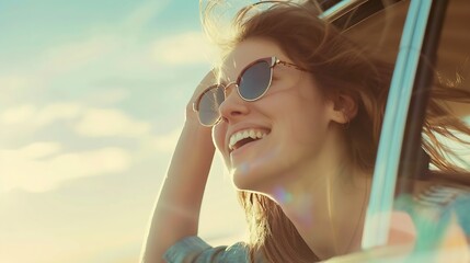 Wall Mural - Feeling free on the open road Cropped shot of an attractive woman hanging out of a car window while enjoying a roadtrip : Generative AI