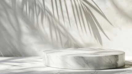 Aufkleber - Luxury marble table with plant shadow on white wall and stone podium for product placement display Trendy neutral aesthetic mockup template for beauty and cosmetics scene : Generative AI