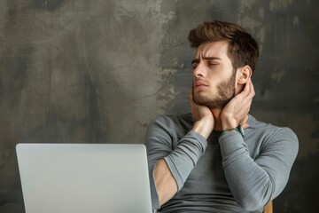 A young professional rubbing his neck and looking strained, with a laptop open in front of him, emphasizing the effects of poor posture