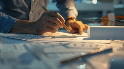 Aufkleber - architect design working drawing sketch plans blueprints and making architectural construction model in architect studioflat lay : Generative AI