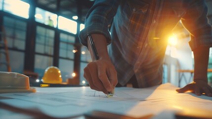Aufkleber - Architect or engineer working on building blueprint contractor designing and drawing blueprint layout with tool for construction project Civil engineer and architecture design concept  : Generative AI