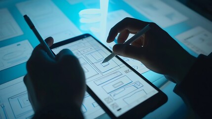 Leinwandbilder - Creative ux designer designing screens for mobile responsive application development with UI UX Developing wireframe sketch layout design mockup on smartphone screen : Generative AI